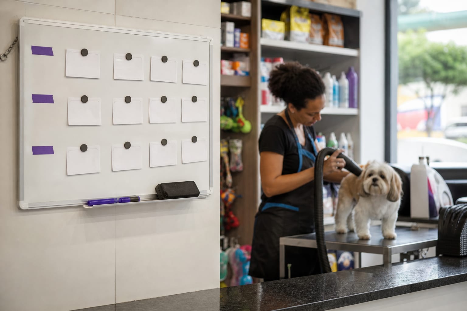 Tosadora com cachorro sobre a mesa de inox enquanto um celular no tripé grava a cena