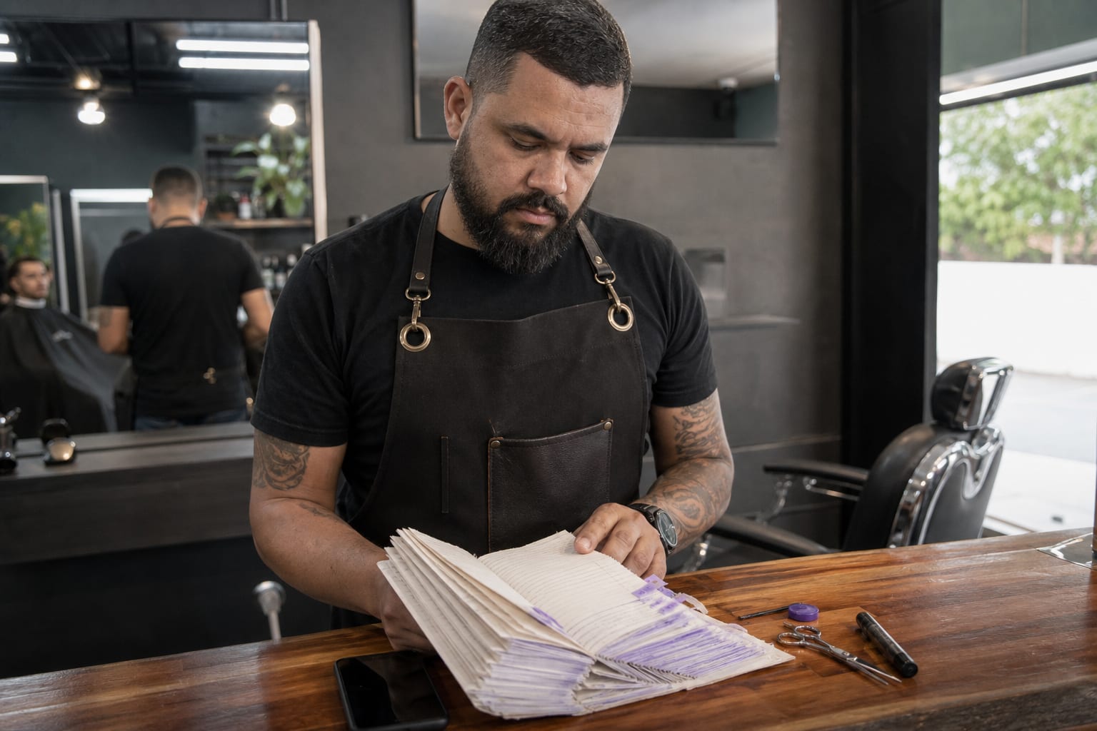 Dono de barbearia conferindo os posts do mês no celular apoiado no balcão